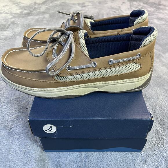 Sperry Lanyard Shoes Mens Size 7 Medium Tan Navy Boat Deck Leather Top-Sider New - Picture 3 of 11